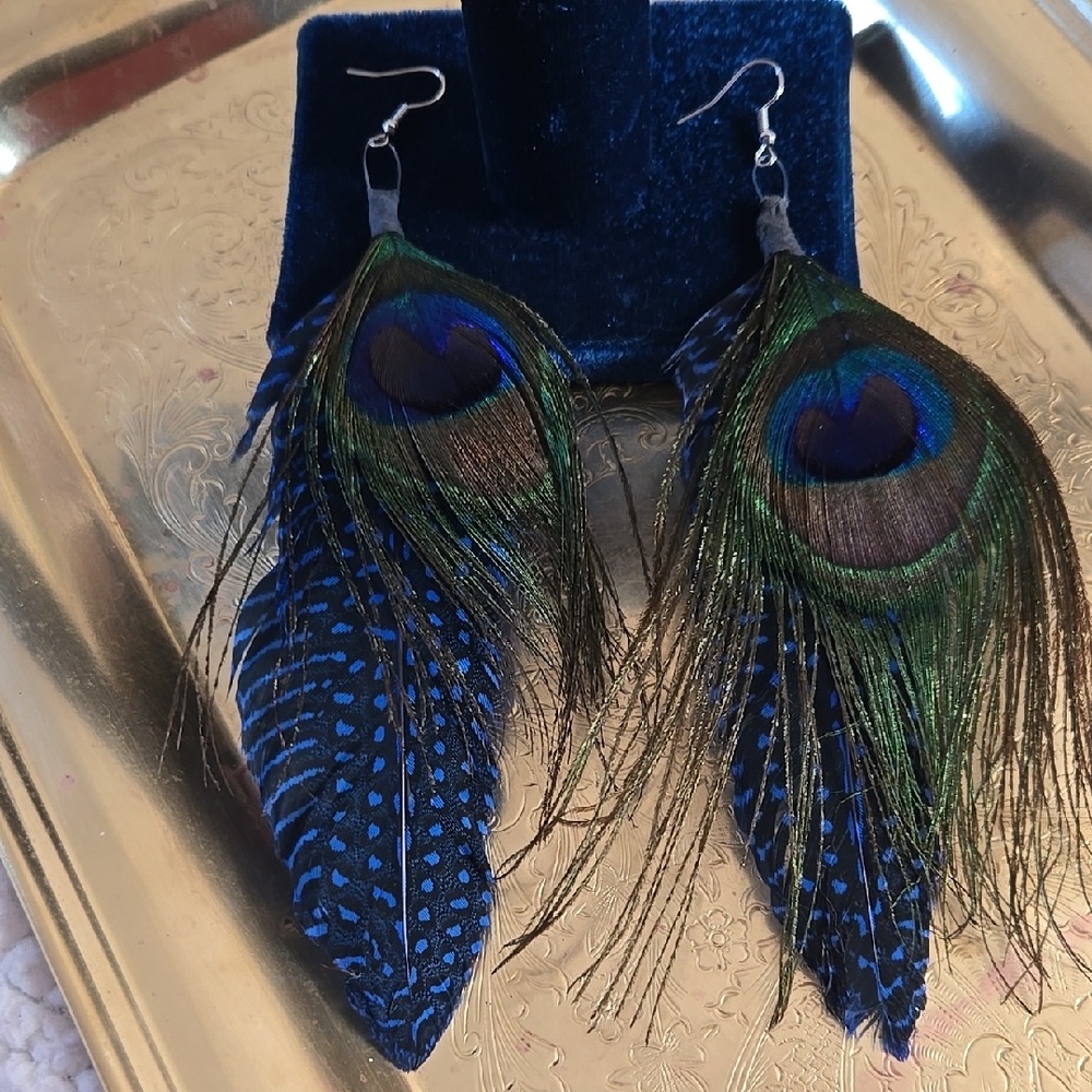 Handmade long peacock feather earrings
